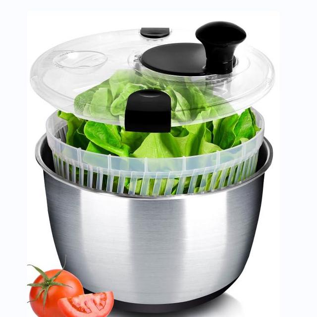 BASSWOOD Stainless Steel Salad Spinner Large - Easy & Compact Kitchen Tool - Stainless Steel Bowl, Drain, & Colander - Produce & Lettuce Spinner, Vegetable Dryer, Fruit Washer - 6.33 Qt