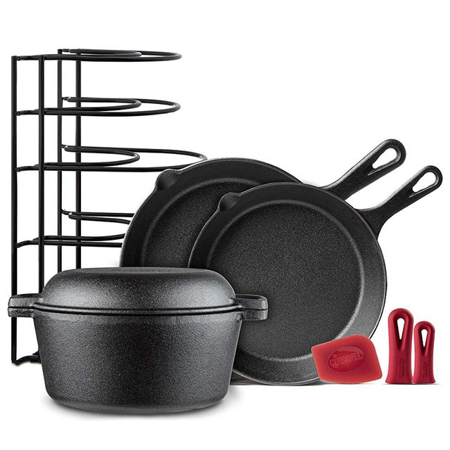 Cast Iron Cookware 5-Pc Set - 10" + 12" Skillet + 5-Quart Dutch Oven+ Panrack Organizer + Silicone Handle Covers + Scraper/Cleaner- Pre-Seasoned Chef's Essentials Kit - Stovetop, Grill, Indoor/Outdoor