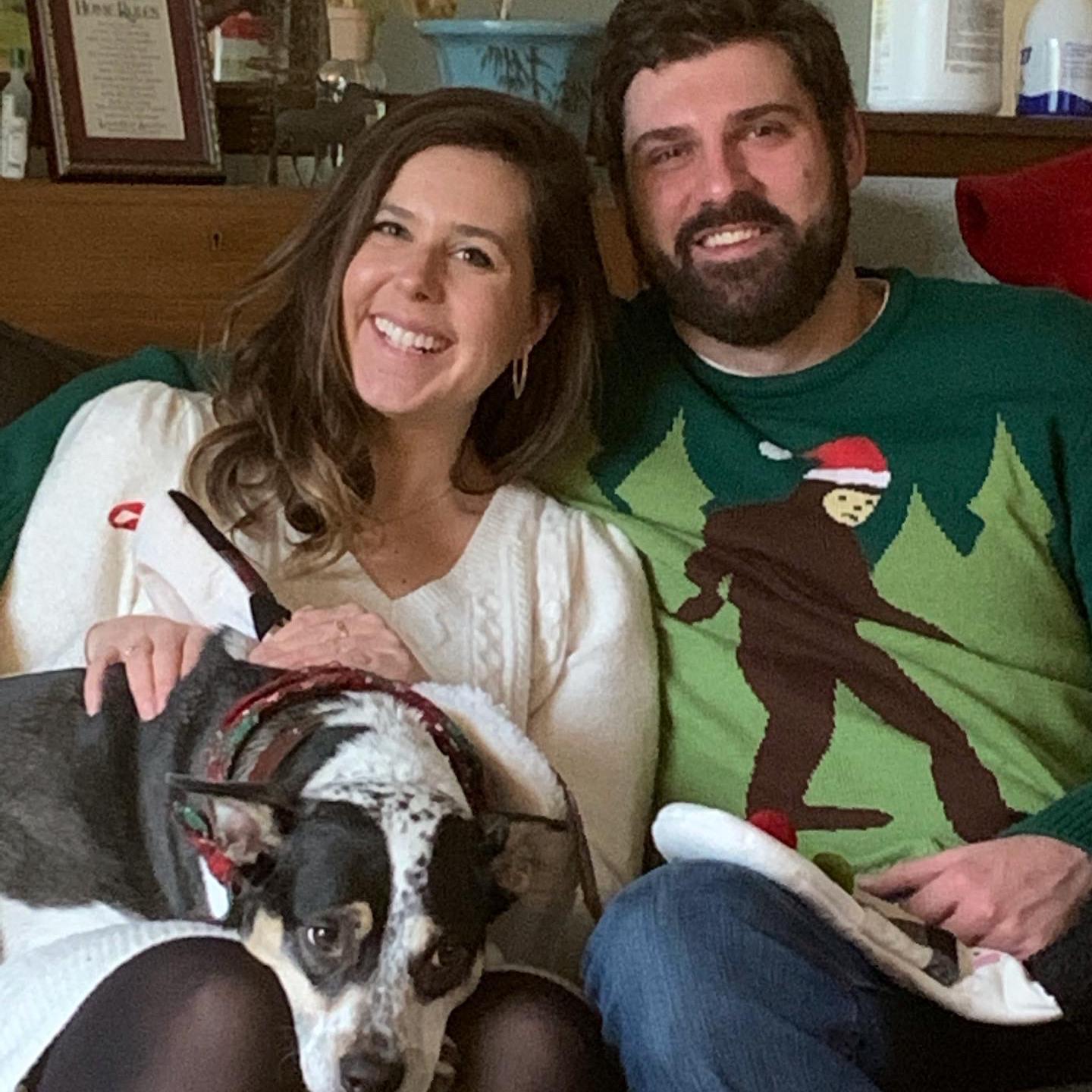 Chewie and Devan dressed up in their Christmas best