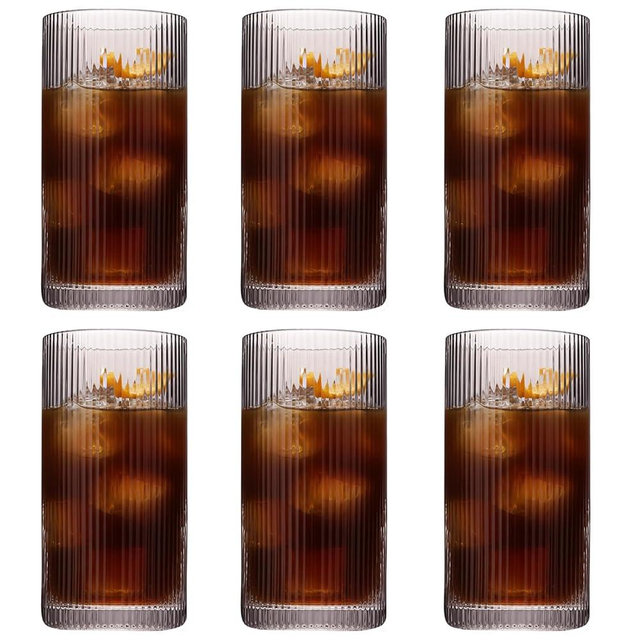 Physkoa Grey Ribbed Drinking Glasses Set of 6 – Vintage Embossed Highball Glassware, Thick Durable Tumbler Cups for Water, Juice, Cocktails, Iced Coffee, Modern Kitchen Bar Gift Set