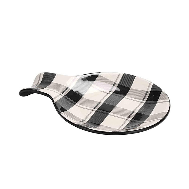 Bico Plaid Check Black and White Ceramic Spoon Rest, Dishwasher Safe