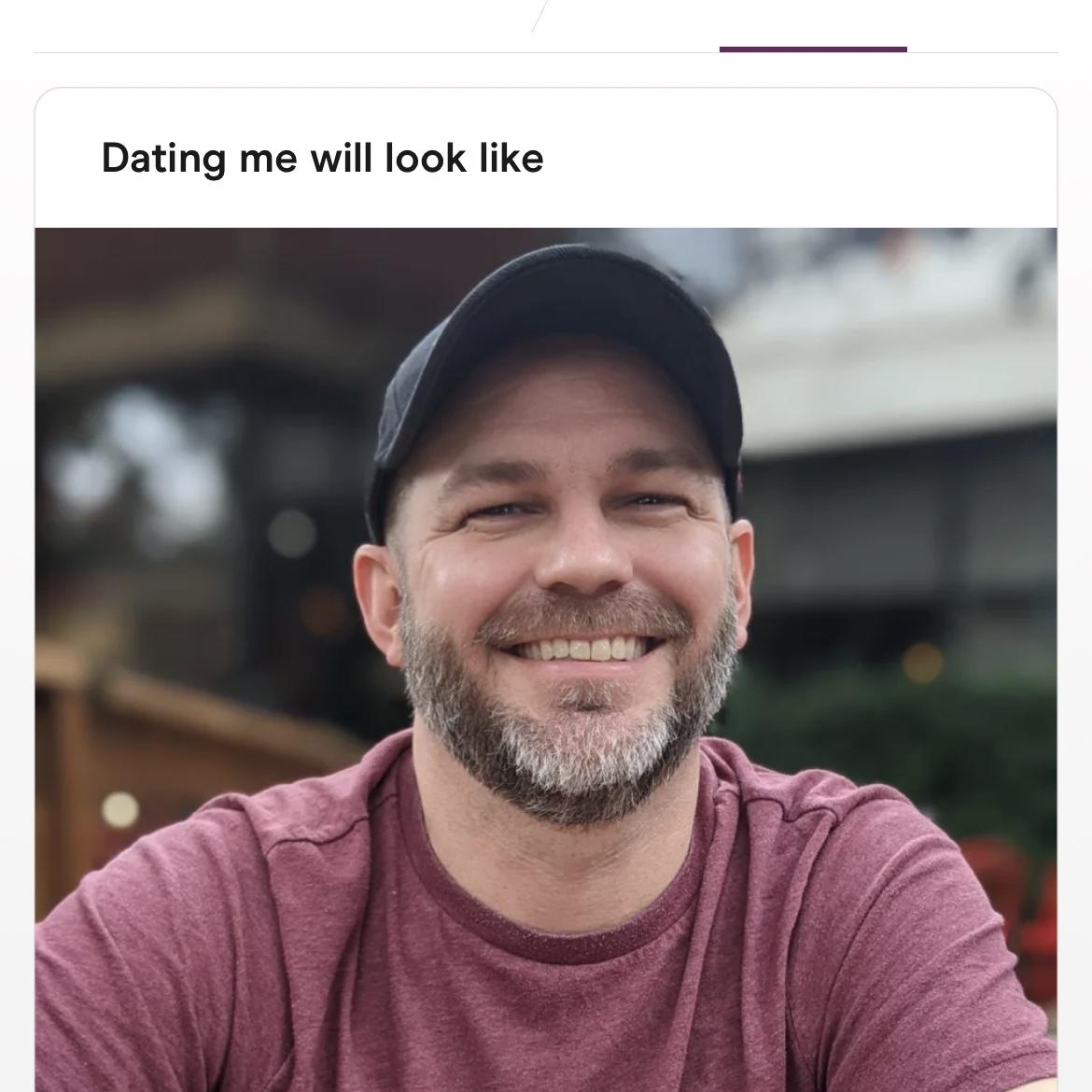 Found in Lindsay’s Camera Roll…screenshot from Tim’s Hinge profile! 9/22/2022, two days before our first date.