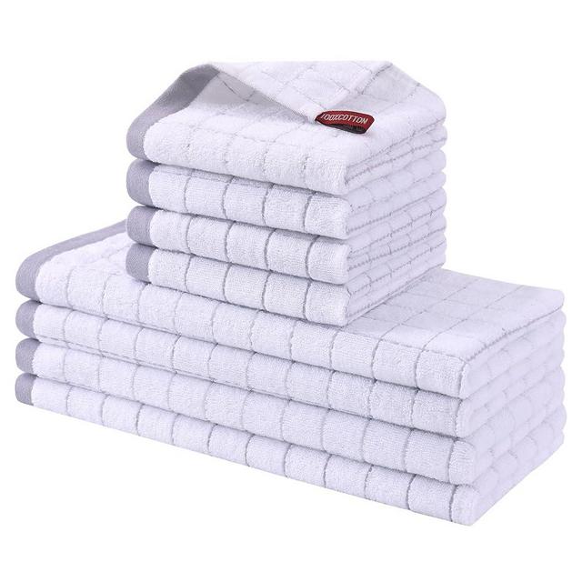 Homaxy Kitchen Towels and Dishcloths Set, 12 x 12 and 13 x 28 Inches, Set of 8 Bulk Cotton Terry Kitchen Towels Set, Checkered Designed, Soft and Super Absorbent Dish Towels, White