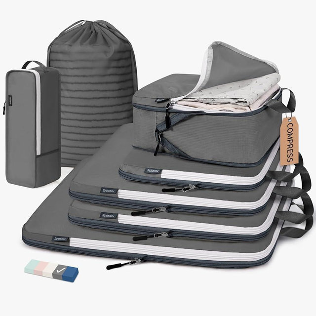 CherryNow Compression Packing Cubes, 7 Set Packing Cubes Compression, Travel Essentials, Travel Organizer for Shoes, Clothing, Grey