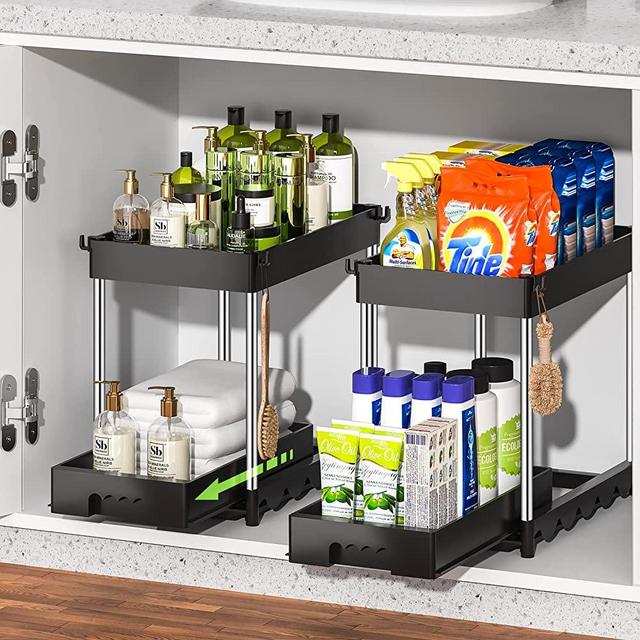 2 Pack Under Sink Organizers and Storage with Sliding Drawer, DUSASA Tier Bathroom The Hooks Multi-Usage for Kitchen & Cabinet Black, Black 2-PACK-Pull Out