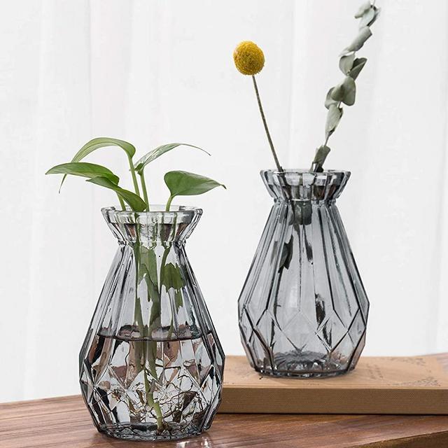 MyGift Small Decorative Clear Gray Glass Bud Vase, Mini Diamond-Faceted Flower Vases, Set of 2