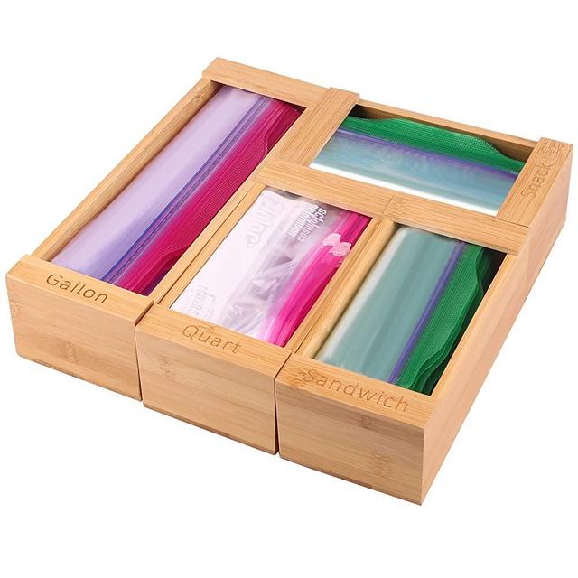 Ziplock Bag Storage Organizer for Kitchen Drawer,Premium Moso Bamboo Kitchen Drawer Organizer,Compatible with Ziploc, Solimo, Glad, Hefty for Gallon, Quart, Sandwich and Snack Bags