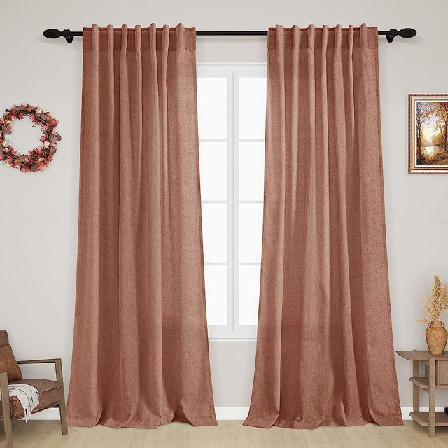 Terracotta Linen Curtains 84 inches Long 2 Panel Set Back Tab Rod Pocket Rustic Farmhouse Boho Curtains for Living Room Semi Sheer Brick Burnt Orange Bohemian Fall Decor for Dining Room Rust Colored