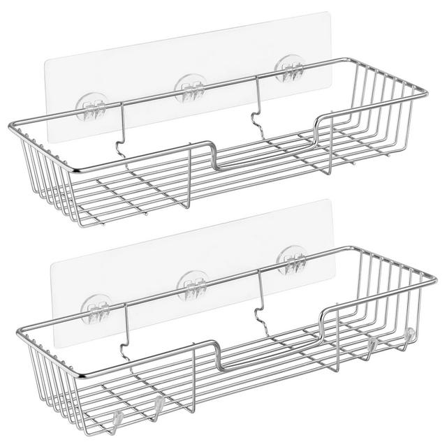 iPEGTOP Adhesive Shower Caddy Bathroom Shelf Storage with Hooks for Shampoo Conditioner Holder Kitchen Organizer Basket, No Drilling Wall Mounted, Rustproof Stainless Steel, 2 Pack