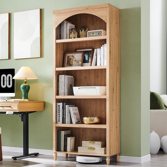 IFGET 76" Tall Arched Bookcase, Farmhouse 5 Tiers Large Arched Bookshelf Cabinet with Adjustable Shelves, Modern Wooden Book Shelf w/Storage and Open Display Shelves for Living Room, Office-Natural