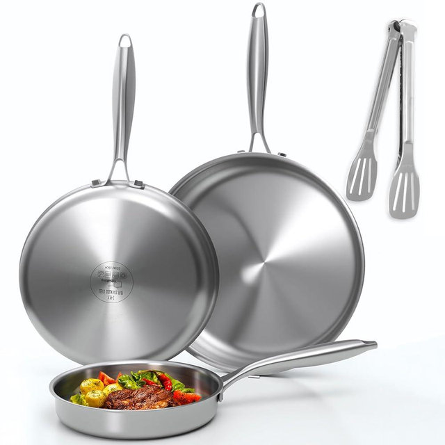 YeKuKing Tri-ply Stainless Steel Frying Pan Set 8" 10" 12" Large Skillet for Chef's Cookware Set, Induction Oven Dishwasher Safe, Compatible with All Cooktops with Kitchen Tongs(Detachable Handle)