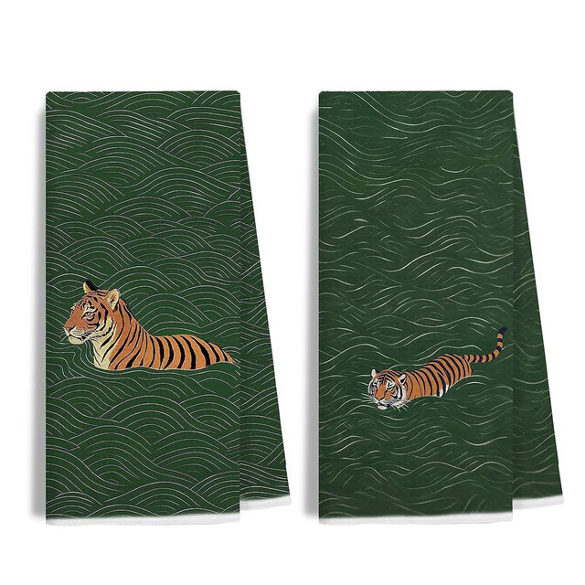 IWGDNJS Vintage Japanese Tiger Swimming Kitchen Towels Decorative, Gifts for Tiger Lovers Hand Tea Towels for Bathroom, Wabi Sabi Japandi Animal Green Dishtowels, 16x24 Inches Set of 2