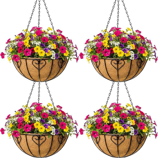 SMYAXUNW 4pcs 14 inch Metal Hanging Baskets Round Wire Plant Stand with Coco Lining Cushion Decorative Planter Hanger Garden Indoor Outdoor Watering Hanging Basket （AX）