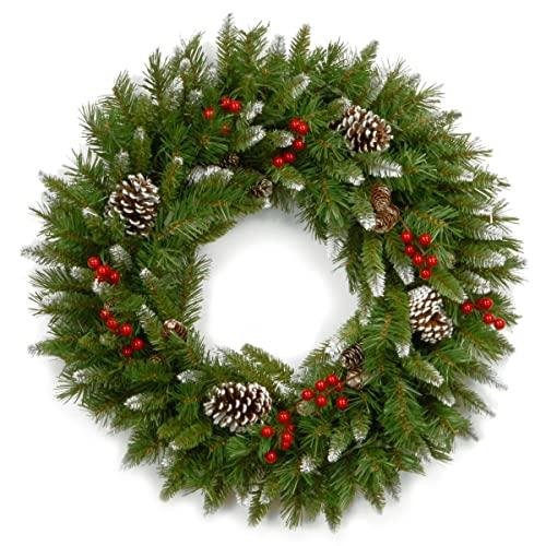 National Tree Company Pre-lit Artificial Christmas Wreath | Flocked with Mixed Decorations | Frosted Berry-24, 24-Inch