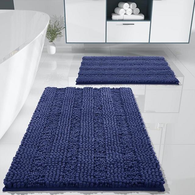 Yimobra Luxury Chenille Shaggy Bathroom Rug Set, 2 Pack Soft Fluffy Plush Bath Mat, Extra Thick, Non-Slip, Water Absorbent, Machine Washable, Bath Mats for Bathroom (Navy Blue, 20" x 32"+17" x 24")