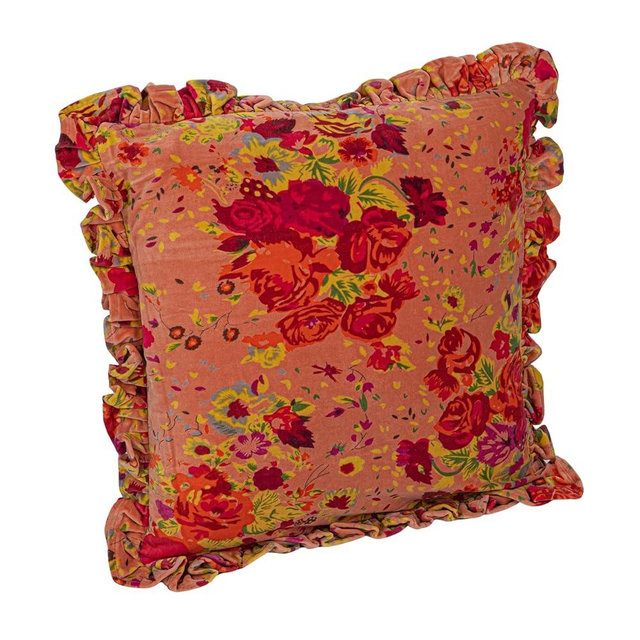 Creative Co-Op Velvet Printed Floral Pattern, Chambray Back and Ruffle, Multicolor Woven Cotton Blend Bouclé Pillow, Cream, Square