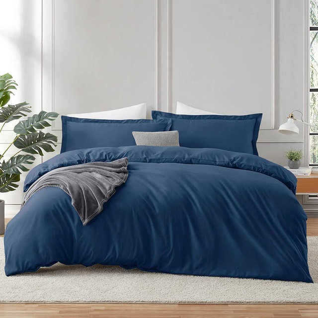 Hearth & Harbor California King Duvet Cover Sets Navy Blue - 3 Piece Duvet Cover California King, Soft Double Brushed Duvet Covers with Button Closure, 1 Duvet Cover 104x98 inches and 2 Pillow Shams