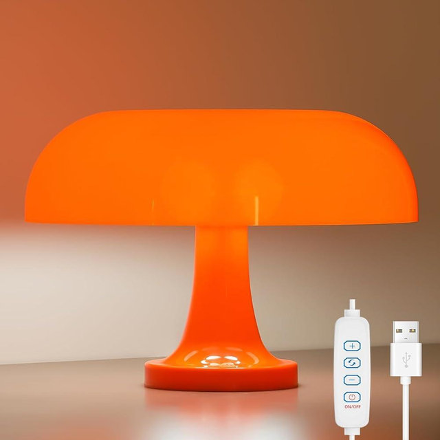 DIVEKID Orange Bedside Lamp for Bedroom Nightstand, Retro Mushroom Table Lamp with 3 Lighting Color and 10 Brightness Level, Desk Lamp for Reading Room/Office/Dorm(W11'' x H7.67'', USB Powered)