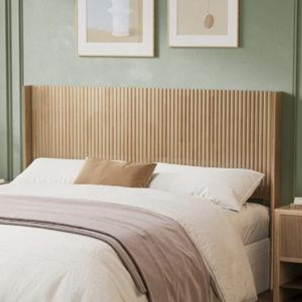 Wood Headboard Queen Size, 64.6" Wide Wooden Queen Headboard Only, Modern Farmhouse Headboards, Wall Mounted Fluted Panel, Wingback Boho Headboards, Natural