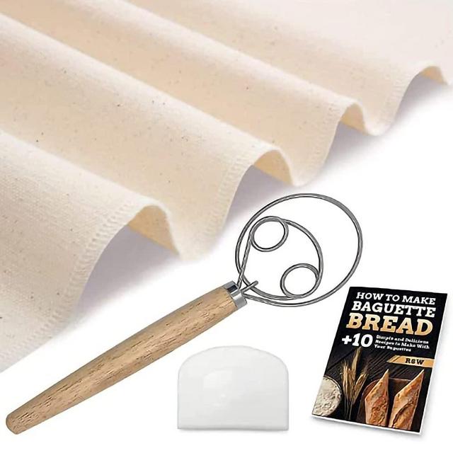 Proofing Cloth Couche for Bread Dough, Stainless Steel Dough Whisk, Bowl Scraper, Free Recipe E-Book - 100% Thick Cotton - Easy to Clean and Use