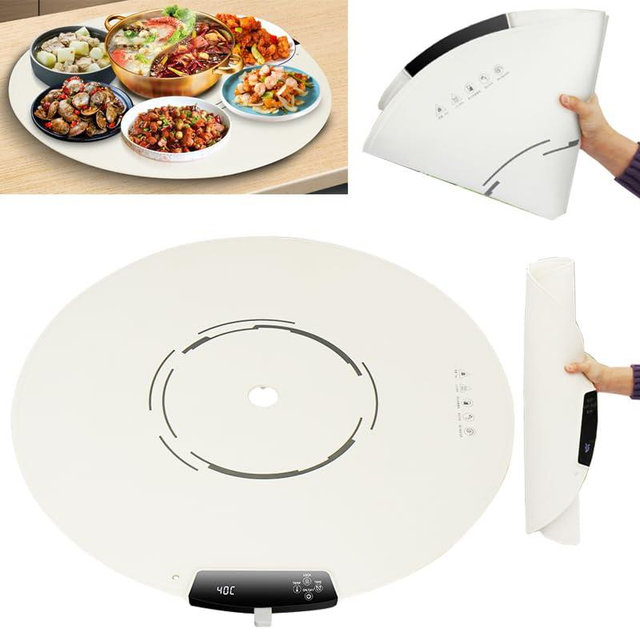 Portable Electric Round Warming Tray, Foldable & Roll up Silicone Heating Mat Pad for Food, Flexible Plate Warmer for Kitchen Travel Party,10s Fast Heating, Adjustable 9 Temperature Setting (Round)