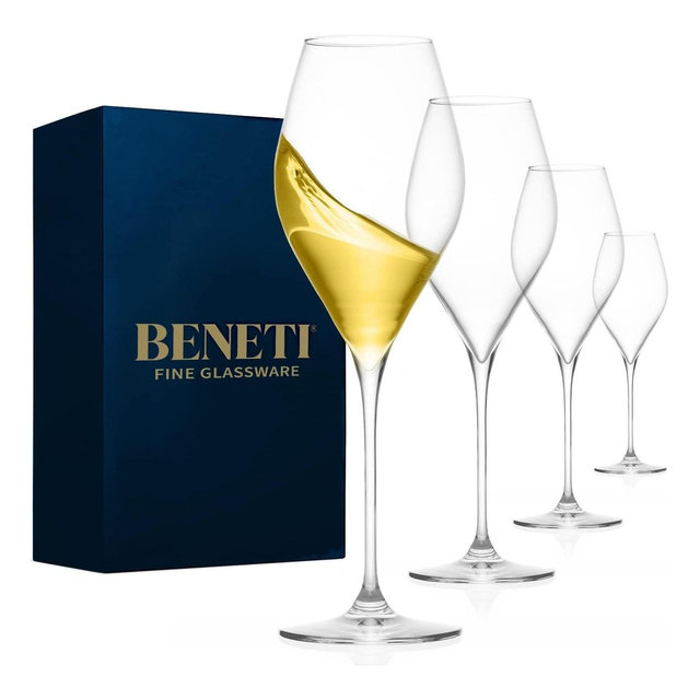 BENETI Premium European Made Long Stem Wine Glasses, Set of 4, 19oz