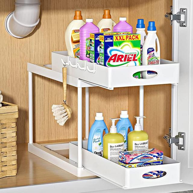 WZMYO Under Sink Organizers and Storage-2 Pack L-Shape Heavy Duty Metal  Slide Out Pull Out Drawers Under Cabinet Storage Around Plumbing, for Under