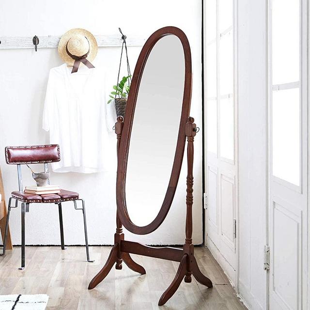 Livinia Ashely Wooden Cheval Floor Free Standing Mirror - 60.2" Rotating Adjustable Portable Oval Mirror, Clear Dressing Mirror Face Indoor Interior Decoration for Bedroom Dining Room (Walnut)