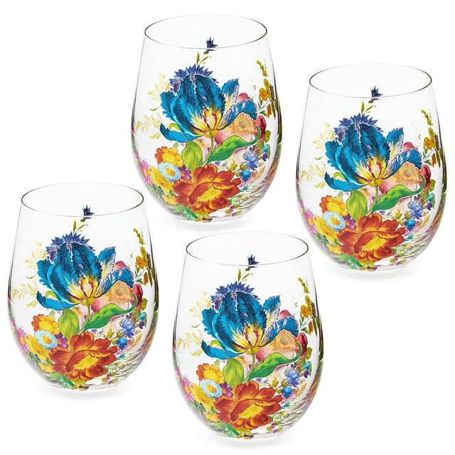 MACKENZIE-CHILDS Stemless Wine Glasses, Decorative Wine Glasses, 16 Ounces, Set of 4, Flower Market