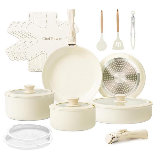 Chef Power Ceramic Nonstick Cookware Set 19 Piece with Detachable Handle, Induction Dishwasher Oven Safe Pans and Pots Set, RV Kicthen Set Removable Handle, Cream White