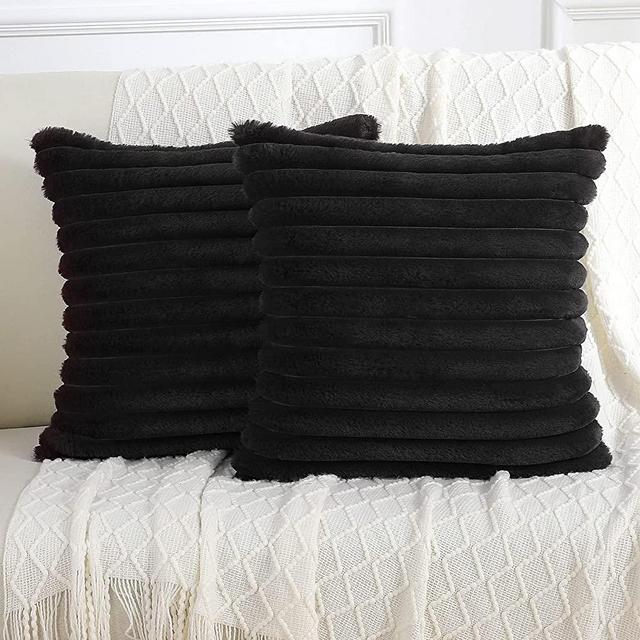 FUTEI Black Throw Pillow Covers 20x20 Inch Set of 2,Square Cushion Cover,Spring/Winter Home Pillows Decorative,Soft Cozy Faux Rabbit Fur Striped+Velvet Back,Modern Holiday Decor for Couch