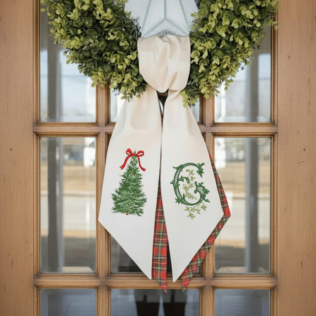 Custom Monogram Wreath Sash, Personalized Ticking Stripe Wreath Sash - Monogrammed Christmas Tree Door Sash