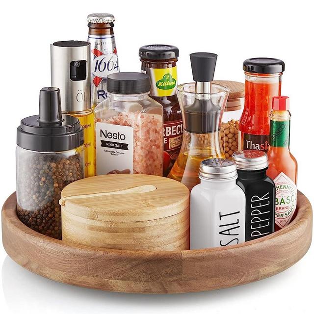 12" Lazy Susan Organizer for Cabinet - Bivvclaz Acacia Wood Lazy Susan Turntable for Cabinet Table Pantry Kitchen Countertop Cupboard or Bathroom Organization - Kitchen Turntable Storage Container