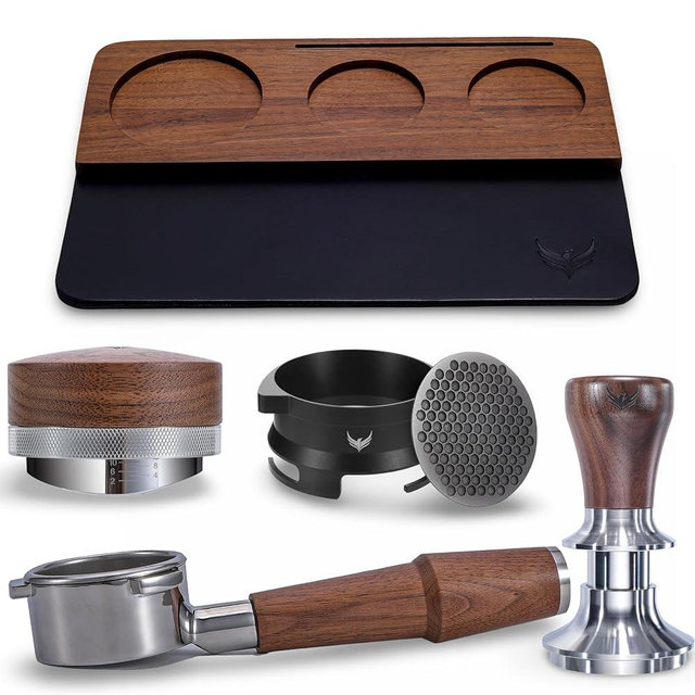 KNOODOS 54mm Espresso Accessory Set– Walnut & Leather Tamping Mat, Calibrated Tamper & Distributor, Dosing Funnel & Puck Screen, Bottomless Portafilter – Compatible with 54mm Breville Machines