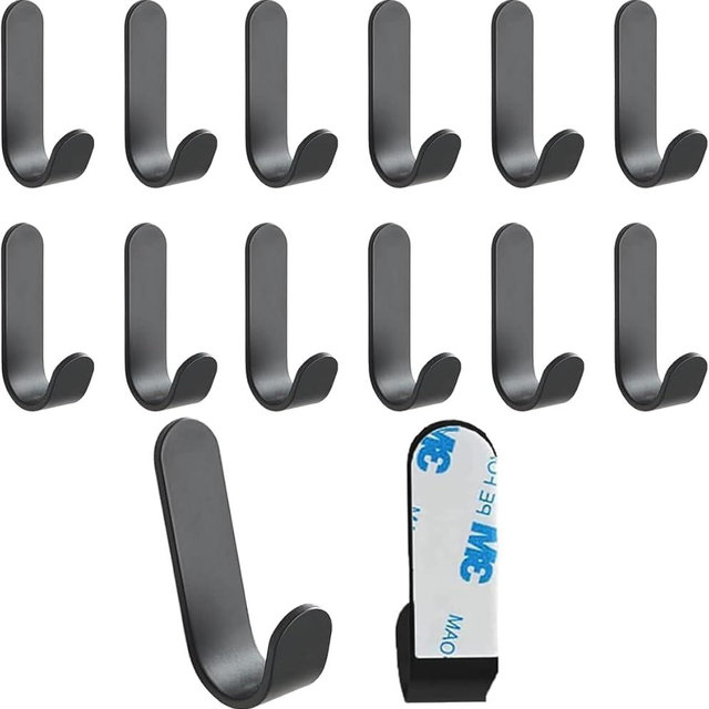Dlilise Adhesive Hooks,12 Pcs, Heavy Duty Hold 12Lbs, Stainless Steel Black Wall Hanger, Adhesive Hanger for Hanging, Metal Sticky J Strip Hooks, for Hat, Coat, Picture, Backpack, Garage