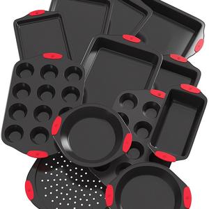 Vremi 12 Piece Nonstick Bakeware Set - Small and Large Baking Sheets and Baking Pans in Non Stick Carbon Steel with Red Silicone Handles - Roasting Pans Cake Pie Loaf Muffin Pans and Pizza Crisper