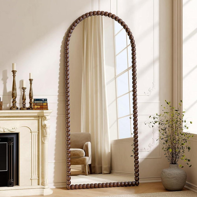 VETROVUE 28"x71" Brown Arched Full Length Mirror, Vintage Beaded Decorative Floor Full Body Dressing Mirror as Room Decor Hanging Leaning Standing for Living Room, Bedroom, Vanity Area