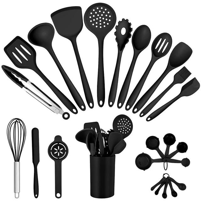E-far Silicone Cooking Utensils Set, 25 Piece Kitchen Utensils with Holder, Non Toxic Kitchen Tools Spatula, Turner, Spoon, Ladle for Nonstick Cookware, Heat Resistant & Dishwasher Safe - Black