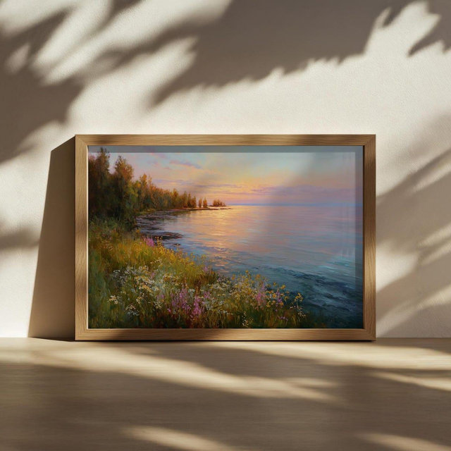 Lake Superior Sunset Painting, Minnesota North Shore Wall Art, Great Lakes Spring Wildflower Art, Midwest Lakeside Forest Landscape Print