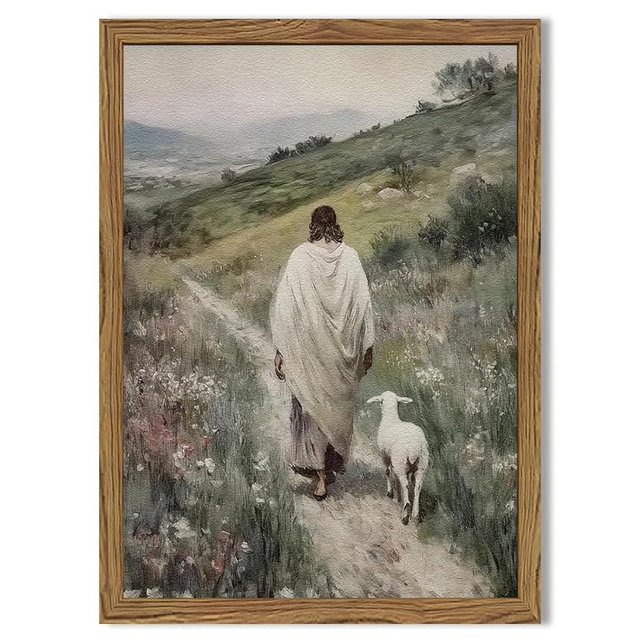 Jesus and Lamb Wall Art 3D Textured Hand Drawn Sandstone Lost Lamb Wall Decor, Jesus Leaves the 99 Sheep Christian Paintings Artwork for Living Prayer Room Bedroom 12x16 inch Wood Framed