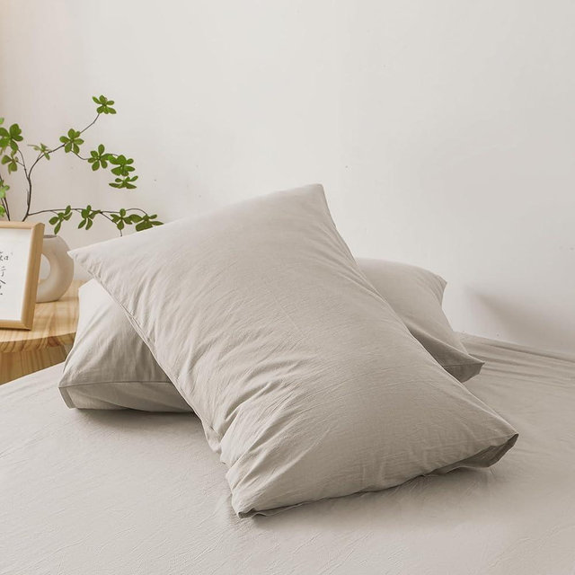 XINMIANFANG 100% Washed Cotton Pillowcases Linen Feel Natural Wrinkle Pillow Shams Set of 2 Comfy Breathable Durable (Solid Light Tan, Standard)