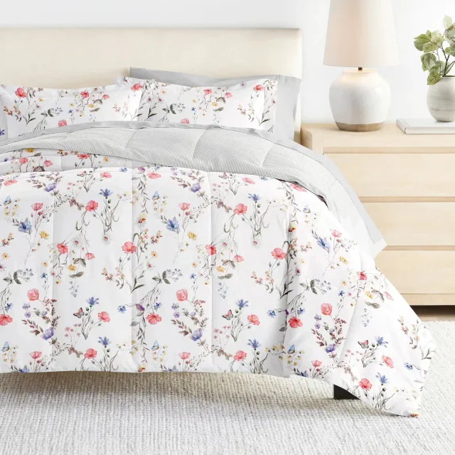 7PC Bedding Bundle, Patterned Comforter and Solid Sheet Set - Becky Cameron, Meadow Floral Stripe Pink, Queen