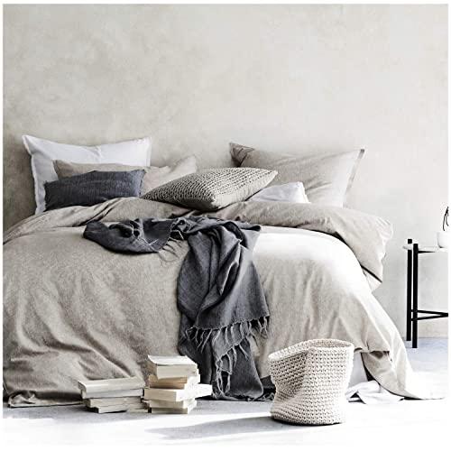 Eikei Washed Cotton Chambray Duvet Cover Solid Color Casual Modern Style Bedding Set Relaxed Soft Feel Natural Wrinkled Look (Queen, Neutral)