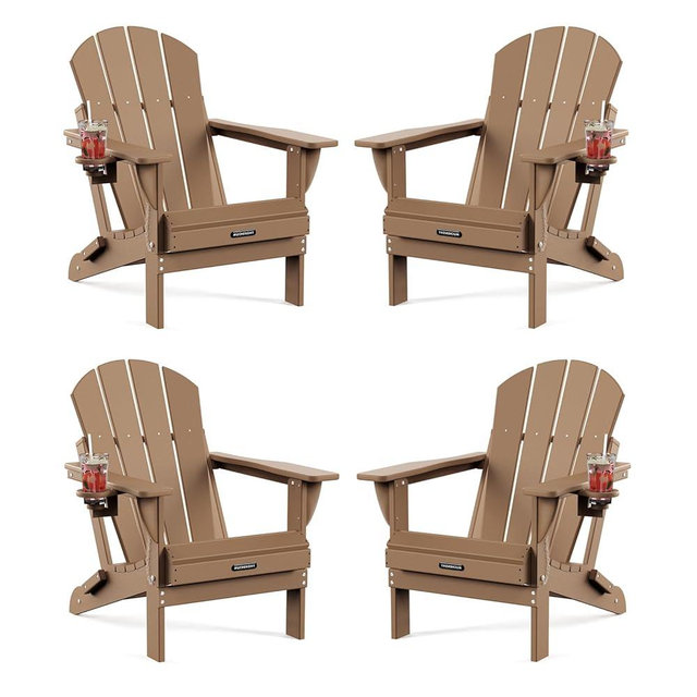 MUCHENGHY Folding Adirondack Chairs 4 Pack, Patio Chairs, Lawn Chairs, Outdoor Chairs, Adirondack Chair Plastic, Fire Pit Chairs, Weather Resistant with Cup Holder for Deck, Backyard, Garden(Teak)