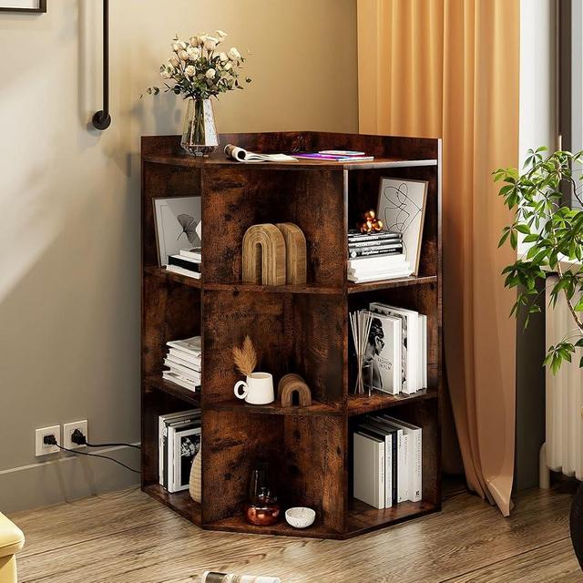 HedoAjim Corner Cabinet, Corner Storage Shelf with USB Ports and Outlets Industrial Organizer for Small Space Wooden 9-Cubby Bookshelf for Study, Playroom, Living Room (Rustic)