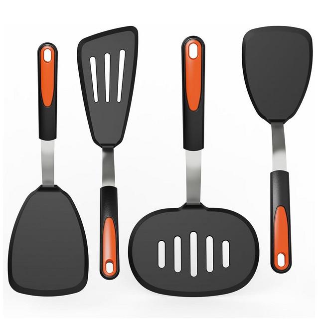 【Upgraded】Silicone Spatula Turner Set of 4, GEEKHOM 600°F Heat Resistant Cooking Spatulas for Nonstick Cookware, Extra Large Flexible Kitchen Rubber Spatulas for Pancake, Eggs, Fish, Black/Orange