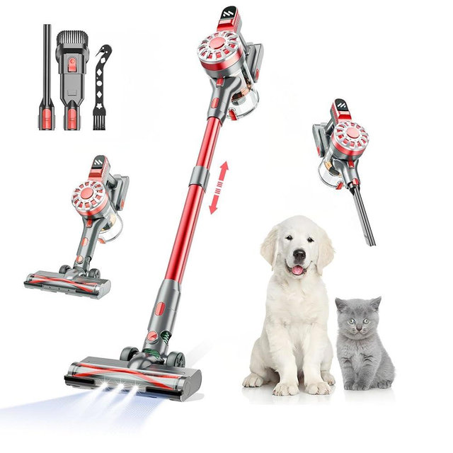 WLOTPO Cordless Vacuum Cleaners for Home with Powerful Suction,Stick Vacuum Cordless Rechargeable,Up to 35 Mins Runtime,Lightweight Hardwood Floor Vacuum for Pet Hair,Carpet(Light Red)