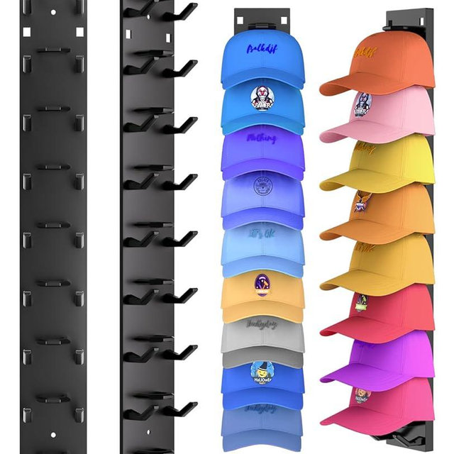 2 Pack Hat Organizer for Baseball Caps, Strong Adhesive Hat Rack for Wall, Multilayer Hat Storage Display Holder, Wall Mounted Hat Hooks Hold up to 18 Hats for Closet Door and Bedroom (Black)