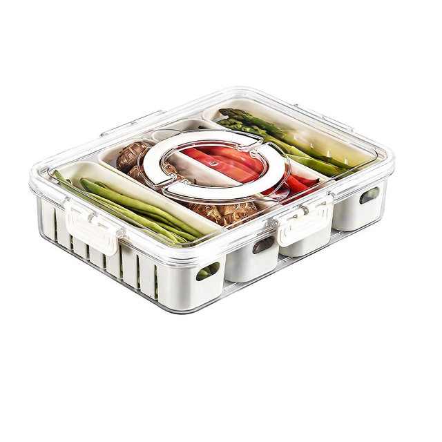 Eanpet Divided Veggie Tray with Lid and Handle 4 Compartment Serving Tray Portable Travel Snack Storage Containers Stackable Snackle Box Charcuterie Container for Fruit,Vegetable,Salad
