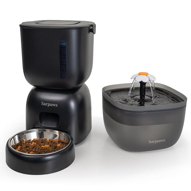 Sarpaws Automatic Cat Feeder and Cat Water Dispenser, Wire or Battery Cat Food Dispenser Timer Pet Feeder - Locking Lid, Desiccant Bag, Programmable Portion Control, 4 Daily Meals, 10s Voice Recorder